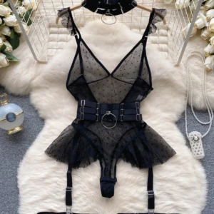 Noir Étreinte – Sheer Mesh Bodysuit with Harness Detail